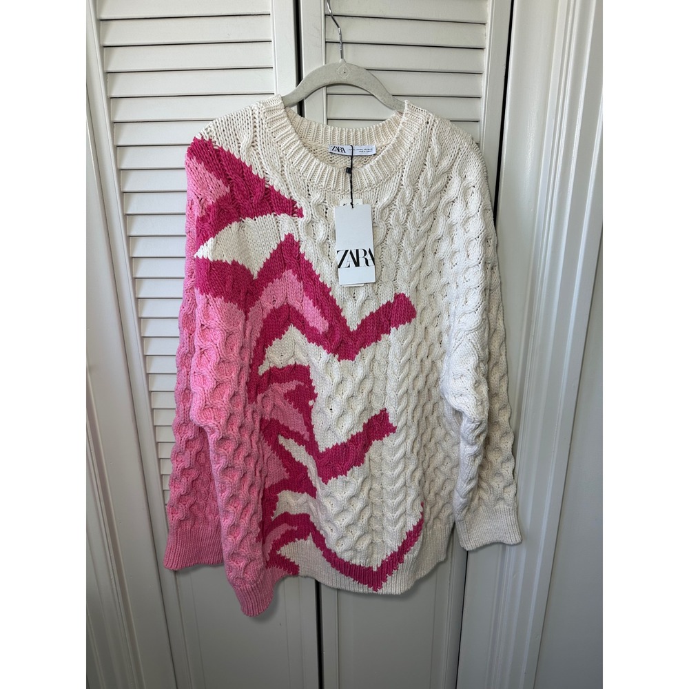 Zara Womens Oversized Cable Knit Sweater Pink White Abstract Pullover M-L NEW